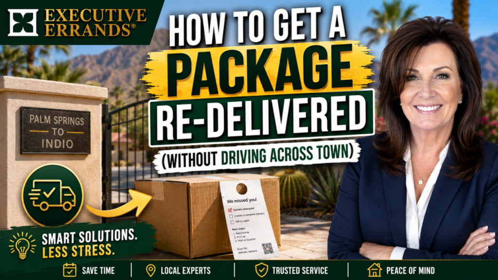 Executive Errands® YouTube thumbnail featuring Leslie Spoor beside a missed package delivery in Palm Springs, with Coachella Valley mountains and the headline “How to Get a Package Re-Delivered.”