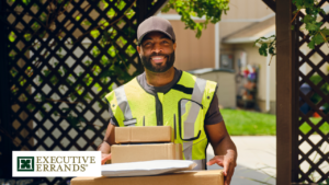 Executive Errands® package re-delivery service thumbnail showing Leslie Spoor, a delivery box, Palm Springs desert scenery, and messaging about saving time and avoiding a drive across town.