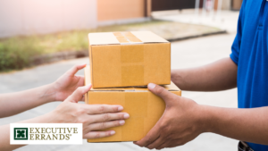 Missed package delivery outside a Coachella Valley home with Executive Errands® branding and Leslie Spoor, promoting local package re-delivery help from Palm Springs to Indio.