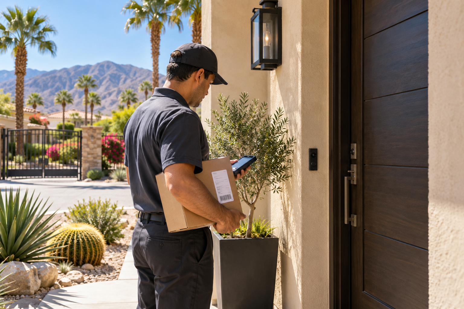 Delivery driver holding a signature-required package and checking a handheld device at the front door of a Coachella Valley home.